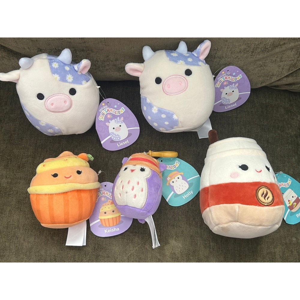 Squishmallows Bundle Liesel Daisy Cow Keisha Pumpkin Renne Latte Holly Clip 5pc - Picture 2 of 4